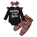GRNSHTS 3PCS Toddler Kids Baby Girl Infant Clothes Long Sleeve Letter Romper Tops Leopard Print Pants Headband Outfits (Black 12-18Months)