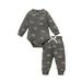 Toddler Autumn Outfits Sun Print Henley Neck Long Sleeve Romper with Casual Pants