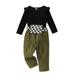 Suanret 3Pcs Kids Little Girls Pants Sets Long Sleeve Plush Patchwork T-shirt + Plaid Trousers + Waist Belt Green 5-6 Years