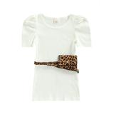 Children Summer Dresses Solid Color Short Sleeve Round Neck Dress with Leopard Pattern Fanny Pack