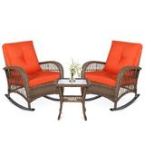 Bayou Breeze 3 Pieces Outdoor Wicker Rocking Chair Set, Rattan Patio Rocker Chairs Set w/ Cushions & Glass-top Coffee Table | Wayfair