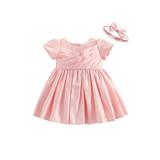 LSFYSZD Toddler Girlâ€™s Short Sleeve Dress Fashion Solid Color Satin Large Bow Princess Dress with Headband