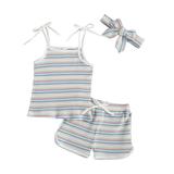 Mioliknya Kids Three-piece Suit Stripe Sleeveless Camisole Shorts and Headwear