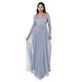 Maya Deluxe Damen Women's Dress Long Sleeve for Wedding Guest V Neck High Empire Waist Maxi Long Length Evening Brides Kleid, Dusty Blue, 44 EU