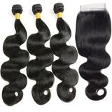 Vonar Hair Brazilian Body Wave 3 Bundles with Closure (14 16 18+12 Inch) Unprocessed Human Hair Bundles with Closure Brazilian Body Wave with Closure Free Part Natural Color