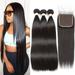 Beauhair 10A Brazillian 3 Bundles With Closure Human Hair Straight 4Ã—4 Human Hair Extensions with Closure Natural Color 14 16 18 with 12