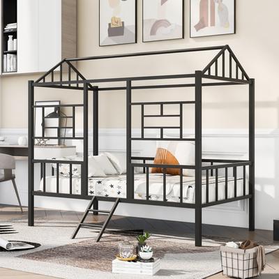 Twin Size Metal Bed with House Shaped Frame, Metal...