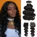 Brazilian Body Wave 12A Human Hair Bundles with Closure (26 26 26 +22) 3 Bundles with Frontal 4x4 Free Part Lace Closure Black Weave Bundles Human Hair 100% Unprocessed Extensions Hair Natural Color