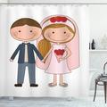 Engagement Party Shower Curtain Cartoon Illustration of Newlywed Groom and Blonde Bride with Side Ponytail Fabric Bathroom Set with Hooks 69W X 84L Inches Extra Long Multicolor by Ambesonne