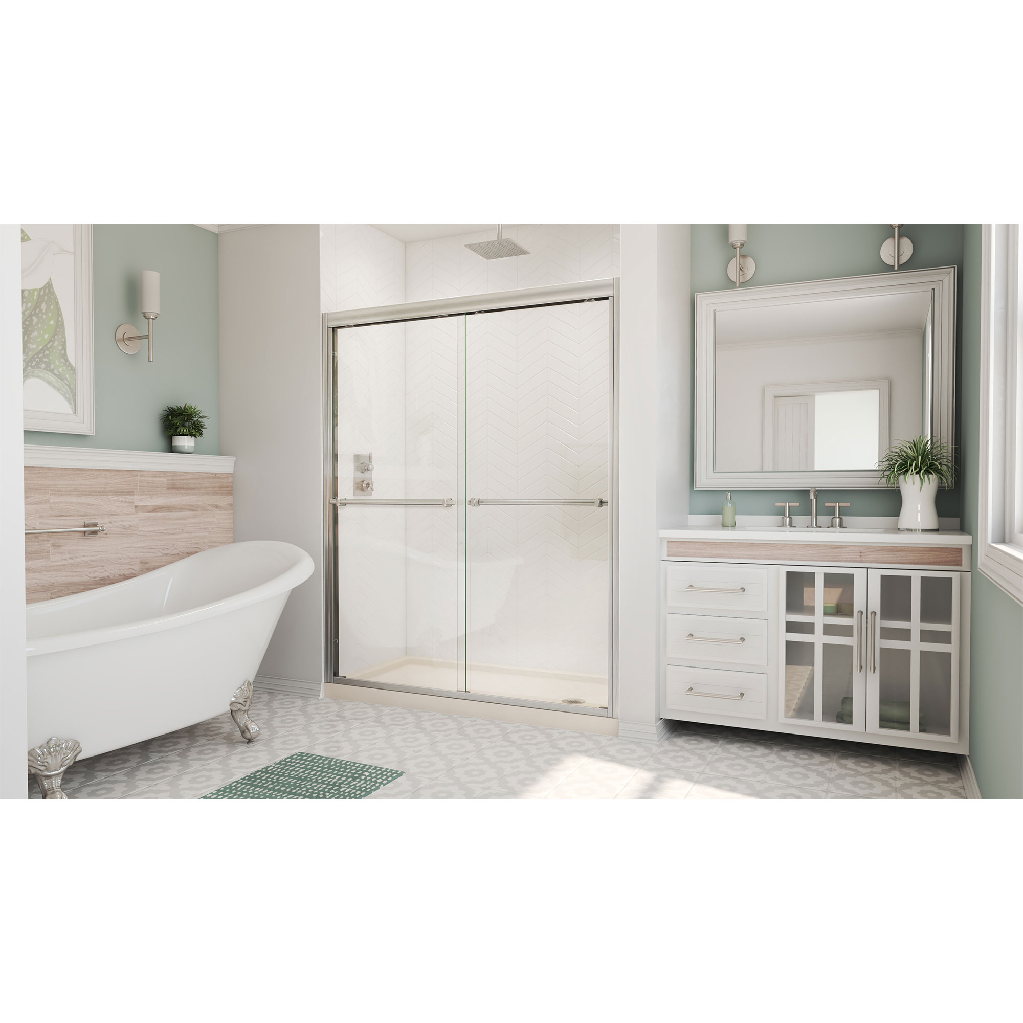 Dreamline DreamLine Duet 32 inch D x 60 inch W x 74 3/4 inch H Semi-Frameless Bypass Shower Door in Chrome with Left Drain White Shower Base Kit DL-6951L-01CL