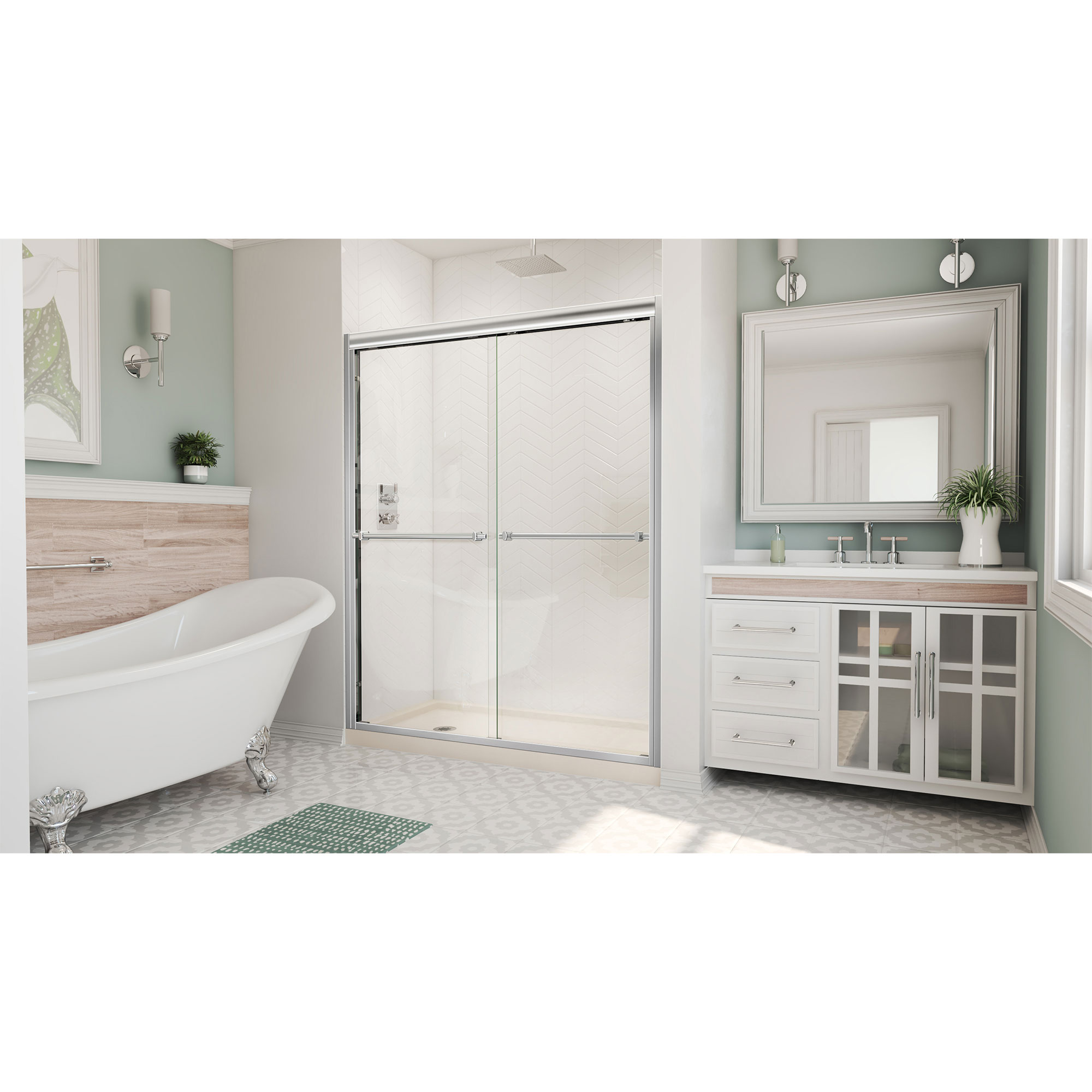 Dreamline DreamLine Duet 36 inch D x 60 inch W x 74 3/4 inch H Semi-Frameless Bypass Shower Door in Chrome with Right Drain Black Shower Base Kit DL-6953R-88-01