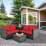 Costway 4PCS Outdoor Patio Rattan Furniture Set Cushioned Loveseat Storage Table Red