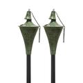 Legends Direct Set of 2 Oahu Premium Metal Patio Torches 53 Tall- Tiki Style /w Snuffer Fiberglass Wick & Large 16oz Oil Lamp for Deck Patio Lawn Garden Luau (Hammered Patina)