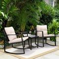 Devoko 3 Pieces Patio Furniture Sets Outdoor PE Rattan Bistro Rocker Conversation Sets with Glass Coffee Table Beige