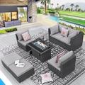 NICESOUL 7 Pcs Outdoor Sofa with Fire Pit Table Wicker Conversation Light Gray