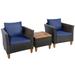 Patiojoy 3 Piece Outdoor Rattan Sofa Set Wicker Conversation Furniture Set with Navy Cushions