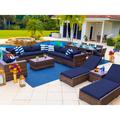 Sorrento 21-Piece Resin Wicker Outdoor Patio Furniture Combination Set in Brown w/ Sectional Set Eight-seat Dining Set and Chaise Lounge Set (Flat-Weave Brown Wicker Sunbrella Canvas Navy)