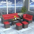 ALAULM 7 Pieces Outdoor Patio Furniture Set with Dining Table Outdoor Dining Set Sectional Sofa Brown Rattan Patio Conversation Set with Red Cushions and 3 Ottomans