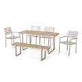 GDF Studio Caney Outdoor Aluminum 6 Piece Dining Set with Bench Natural and Silver