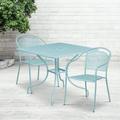 BizChair Commercial Grade 35.5 Square Sky Blue Indoor-Outdoor Steel Patio Table Set with 2 Round Back Chairs