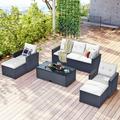 Abrihome 6-piece Black All-Weather Wicker PE rattan Patio Outdoor Dining Conversation Sectional Set with Coffee Table Wicker Sofas Ottomans Removable Cushions