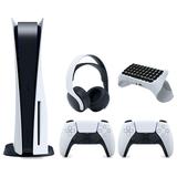 Sony Playstation 5 Disc Version Console with Extra White Controller White PULSE 3D Headset and Surge QuickType 2.0 Wireless PS5 Controller Keypad Bundle