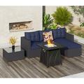 Sophia & William 4-Piece Wicker Patio Conversation Set with Fire Pit Table - Navy Blue