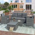 SYNGAR Outdoor Furniture Sectional Sofa Set 5 Piece Patio Furniture Set PE Wicker with Storage Sofa Bench Arm Chair and Ottoman Patio Conversation Sets for Outside Garden Backyard Gray LJ3667