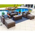 Tuscany 6-Piece M Resin Wicker Outdoor Patio Furniture Lounge Sofa Set in Brown w/ Loveseat Two Armchairs Two Ottomans and Coffee Table (Half-Round Brown Wicker Sunbrella Canvas Charcoal)