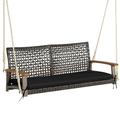 Costway 2-Person Patio Rattan Hanging Swing Chair Porch Loveseat Cushion Black