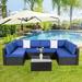 Kinbor 7Pcs Outdoor Furniture Patio Sectional Sets Rattan Wicker Sofa with Coffee Table Black & Dark Blue