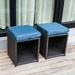 2 Piece Outdoor Patio Ottoman All Weather Rattan Wicker Footstools Footrest Seating with Removable Cushions and Storage Space Aegean Blue