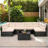 Patio Outdoor Furniture Sets 7 Pieces All-Weather Rattan Sectional Sofa with Tea Table & Cushions PE Rattan Wicker Sofa Couch Conversation Set for Garden Backyard Poolside B212