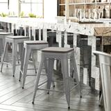 BizChair Commercial Grade 24 High Backless Silver Metal Indoor-Outdoor Counter Height Stool with Gray Poly Resin Wood Seat