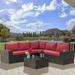 Gotland Outdoor Patio Furniture Set 6 Piece Sectional Rattan Sofa Set Rattan Wicker Patio Conversation Set with 5 Seat Cushions and 1 Tempered Glass Table Red