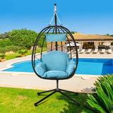 Hanging Wicker Egg Chair with Stand and Blue Cushion Heavy Duty Steel Frame Resin Wicker Hanging Chair Outdoor Indoor UV Resistant Furniture Swing Chair with Headrest Pillow 264lbs