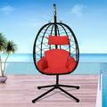 UHOMEPRO Patio Outdoor Chair Wicker Hanging Egg Chair w/Dark Gray Cushion Hanging Egg Chair with Stand Swinging Egg Chair for Indoor Bedroom Garden Balcony Patio Furniture Lounge Chair W9445