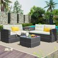 Outdoor Patio Furniture Sets 4 Pieces Wicker Sectional Sofa Set with 2 Cushioned Loveseats Glass Coffee Table and Side Cabinet Rattan Conversation Set for Backyard Poolside Deck Beige D6879