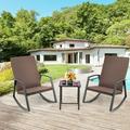 Gymax 3PCS Rattan Bistro Rocking Chair Set Patio Furniture Set w/ Brown Cushions