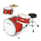 Ashthorpe 3-Piece Complete Junior Drum Set Beginner Kit with 14 Bass Adjustable Throne Cymbal Pedal and Drumsticks Red