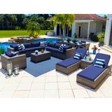 Sorrento 21-Piece Resin Wicker Outdoor Patio Furniture Combination Set in Gray w/ Sectional Set Eight-seat Dining Set and Chaise Lounge Set (Flat-Weave Gray Wicker Sunbrella Canvas Navy)