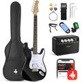 Donner DST-100B 39 Electric Guitar Beginner Kit Solid Body Full Size HSS for Starter with Amplifier Bag Digital Tuner Capo Strap String Cable Picks Black