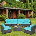 Gymax 7PCS Patio Rattan Sectional Sofa Set Outdoor Furniture Set w/ Turquoise Cushions