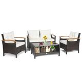 Patiojoy Patio Rattan 4PCS Cushioned Chair Side Table Set Bistro Set Classic Furniture Single Sofa Thick Cushion Loveseat for Garden Off White