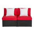 Kinbor 2pcs Outdoor Patio Rattan Wicker Furniture Sectional Sofa Set With Red Cushions