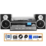 3-Speed Turntable with CD Player FM Radio Bluetooth & Wired Shelf Speakers