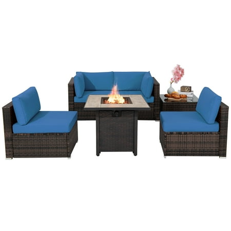 Topbuy 6-Piece Wicker Outdoor Patio Dining Set with Gas Fire Pit Table and Cushions Navy