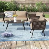 4-Pieces Outdoor Patio Sofa & Chair Cushion Wicker Rattan Sofa W/ Coffee Table Sets Beige