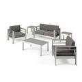 Miller Coral Outdoor 4 Seater Aluminum Chat Set with 2 Side Table Silver and Khaki