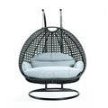 LeisureMod Charcoal Rattan Wicker Double 2 Person Egg Swing Chair with Stand Light Grey Cushion